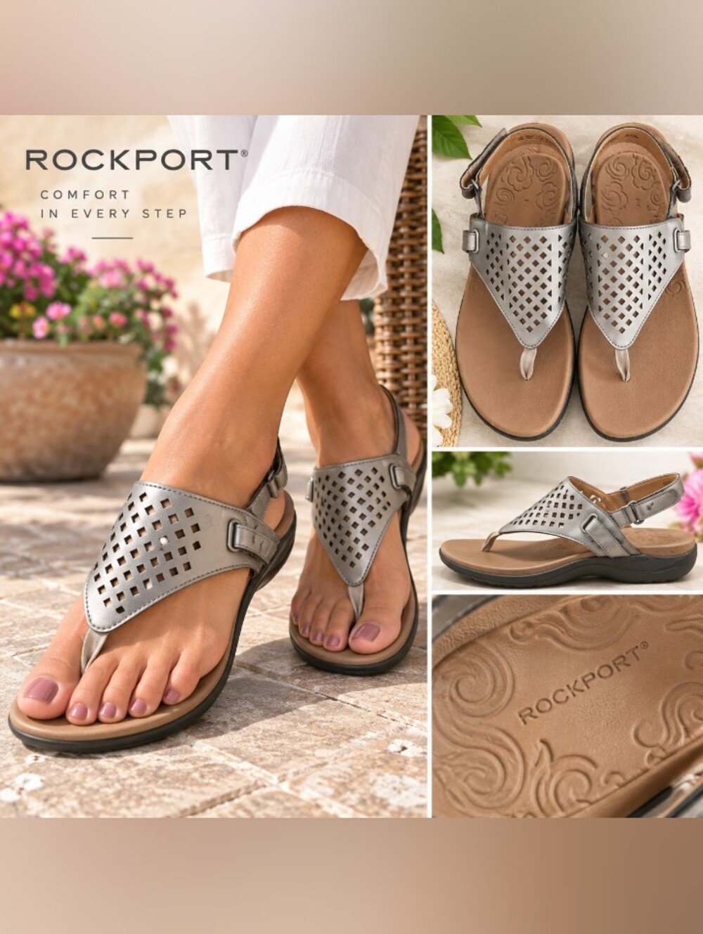 Rockport Women’s 6.5 Metallic Gray Cutout Comfort Thong Sandals